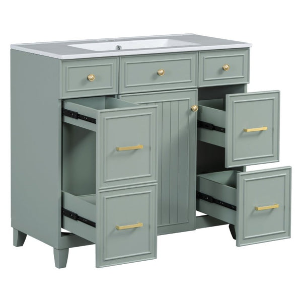 English Elm 36 Inch Sage Green Bathroom Vanity Solid Wood Frame Ceramic Sink and 3 Drawers N729P000043F