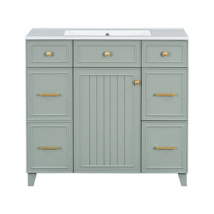 English Elm 36 Inch Sage Green Bathroom Vanity Solid Wood Frame Ceramic Sink and 3 Drawers N729P000043F