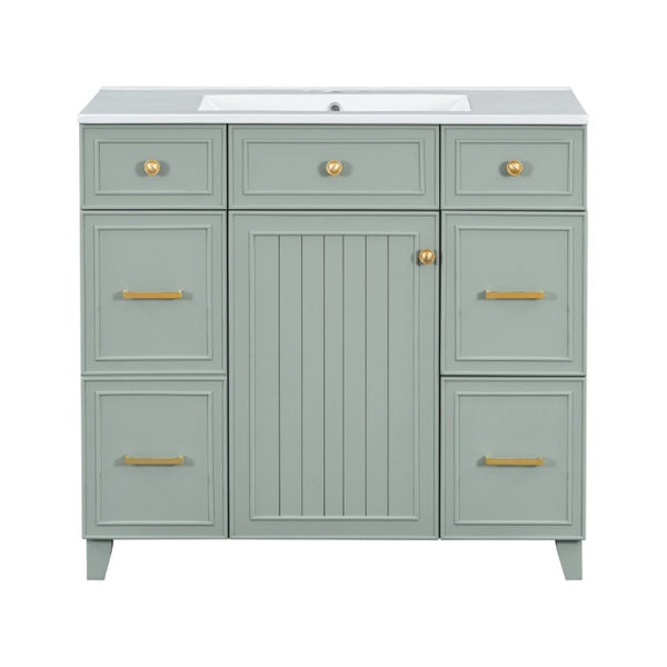 English Elm 36 Inch Sage Green Bathroom Vanity Solid Wood Frame Ceramic Sink and 3 Drawers N729P000043F