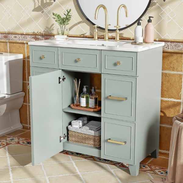 English Elm 36 Inch Sage Green Bathroom Vanity Solid Wood Frame Ceramic Sink and 3 Drawers N729P000043F