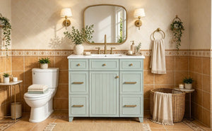 English Elm 36 Inch Sage Green Bathroom Vanity Solid Wood Frame Ceramic Sink and 3 Drawers N729P000043F