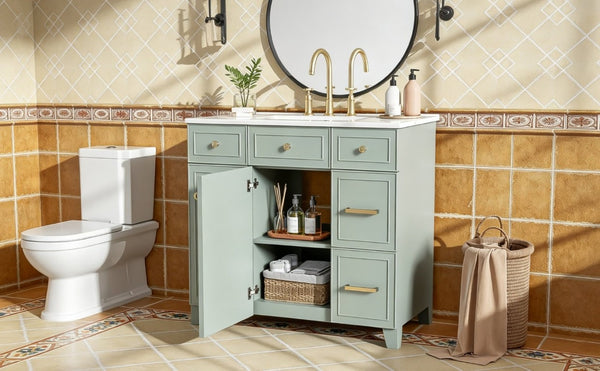 English Elm 36 Inch Sage Green Bathroom Vanity Solid Wood Frame Ceramic Sink and 3 Drawers N729P000043F