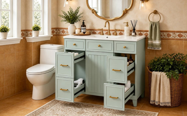 English Elm 36 Inch Sage Green Bathroom Vanity Solid Wood Frame Ceramic Sink and 3 Drawers N729P000043F