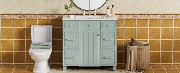 English Elm 36 Inch Sage Green Bathroom Vanity Solid Wood Frame Ceramic Sink and 3 Drawers N729P000043F