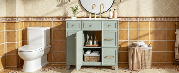 English Elm 36 Inch Sage Green Bathroom Vanity Solid Wood Frame Ceramic Sink and 3 Drawers N729P000043F