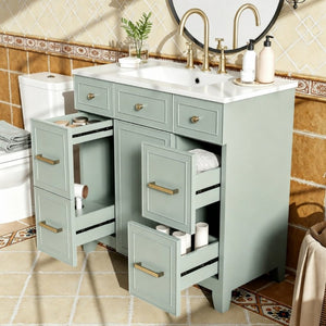 English Elm 36 Inch Sage Green Bathroom Vanity Solid Wood Frame Ceramic Sink and 3 Drawers N729P000043F