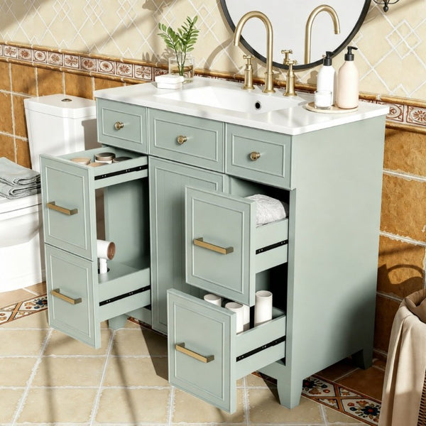 English Elm 36 Inch Sage Green Bathroom Vanity Solid Wood Frame Ceramic Sink and 3 Drawers N729P000043F
