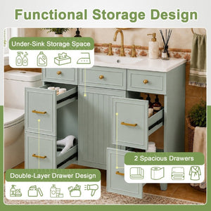 English Elm 36 Inch Sage Green Bathroom Vanity Solid Wood Frame Ceramic Sink and 3 Drawers N729P000043F