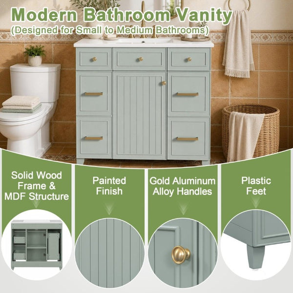 English Elm 36 Inch Sage Green Bathroom Vanity Solid Wood Frame Ceramic Sink and 3 Drawers N729P000043F
