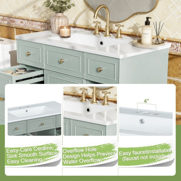 English Elm 36 Inch Sage Green Bathroom Vanity Solid Wood Frame Ceramic Sink and 3 Drawers N729P000043F
