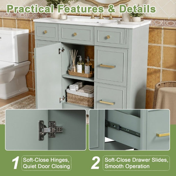 English Elm 36 Inch Sage Green Bathroom Vanity Solid Wood Frame Ceramic Sink and 3 Drawers N729P000043F