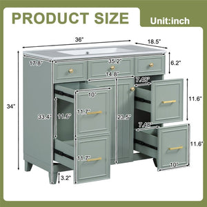 English Elm 36 Inch Sage Green Bathroom Vanity Solid Wood Frame Ceramic Sink and 3 Drawers N729P000043F