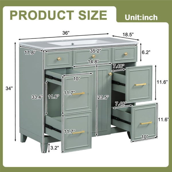 English Elm 36 Inch Sage Green Bathroom Vanity Solid Wood Frame Ceramic Sink and 3 Drawers N729P000043F