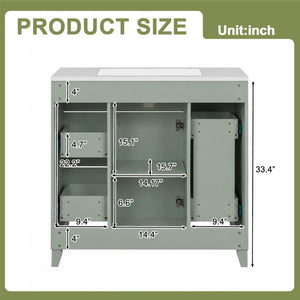 English Elm 36 Inch Sage Green Bathroom Vanity Solid Wood Frame Ceramic Sink and 3 Drawers N729P000043F