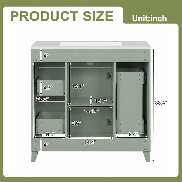 English Elm 36 Inch Sage Green Bathroom Vanity Solid Wood Frame Ceramic Sink and 3 Drawers N729P000043F