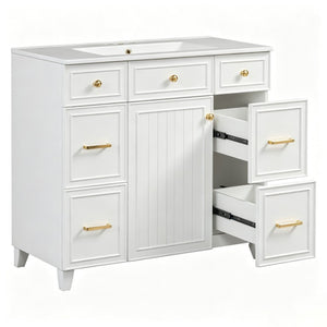 English Elm 36 Inch Bathroom Vanity Solid Wood Cabinet Ceramic Sink Soft Close 3 Drawer Storage N729P000043K