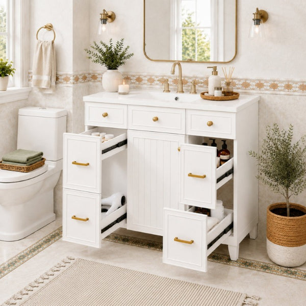 English Elm 36 Inch Bathroom Vanity Solid Wood Cabinet Ceramic Sink Soft Close 3 Drawer Storage N729P000043K