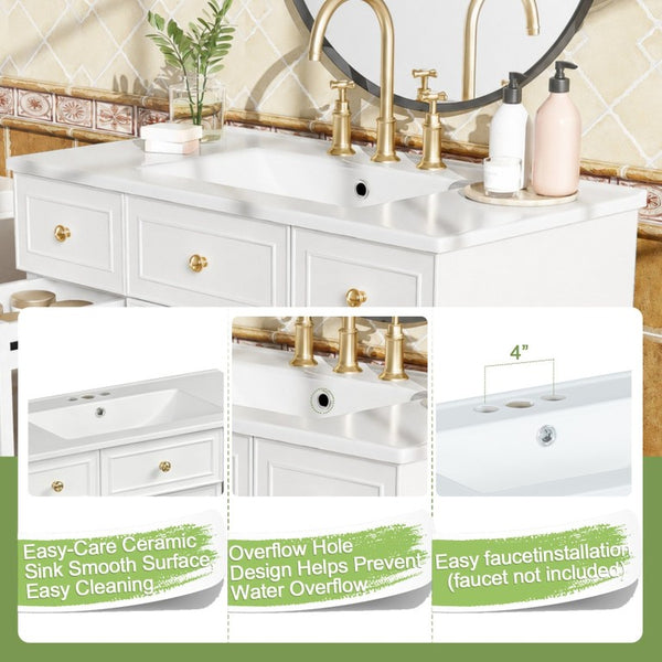 English Elm 36 Inch Bathroom Vanity Solid Wood Cabinet Ceramic Sink Soft Close 3 Drawer Storage N729P000043K