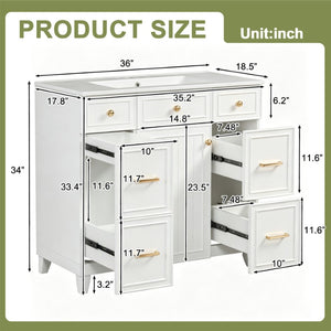 English Elm 36 Inch Bathroom Vanity Solid Wood Cabinet Ceramic Sink Soft Close 3 Drawer Storage N729P000043K