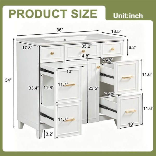 English Elm 36 Inch Bathroom Vanity Solid Wood Cabinet Ceramic Sink Soft Close 3 Drawer Storage N729P000043K