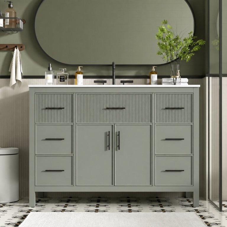 English Elm 47.83-Inch Sage Green Fluted Bathroom Vanity with SMC Sink and Soft-Close Storage N729P000052F