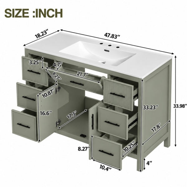 English Elm 47.83-Inch Sage Green Fluted Bathroom Vanity with SMC Sink and Soft-Close Storage N729P000052F