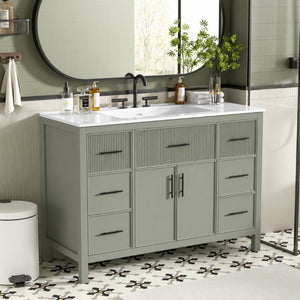 English Elm 47.83-Inch Sage Green Fluted Bathroom Vanity with SMC Sink and Soft-Close Storage N729P000052F