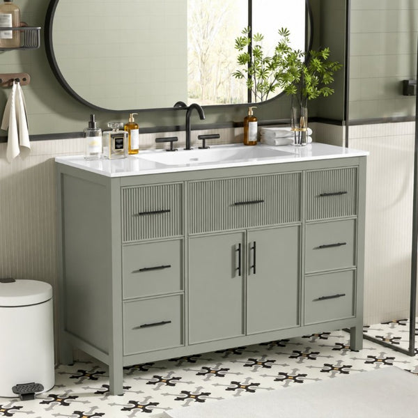 English Elm 47.83-Inch Sage Green Fluted Bathroom Vanity with SMC Sink and Soft-Close Storage N729P000052F