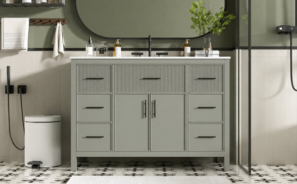 English Elm 47.83-Inch Sage Green Fluted Bathroom Vanity with SMC Sink and Soft-Close Storage N729P000052F