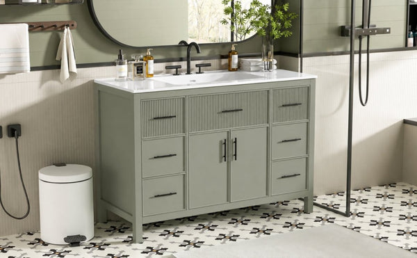 English Elm 47.83-Inch Sage Green Fluted Bathroom Vanity with SMC Sink and Soft-Close Storage N729P000052F
