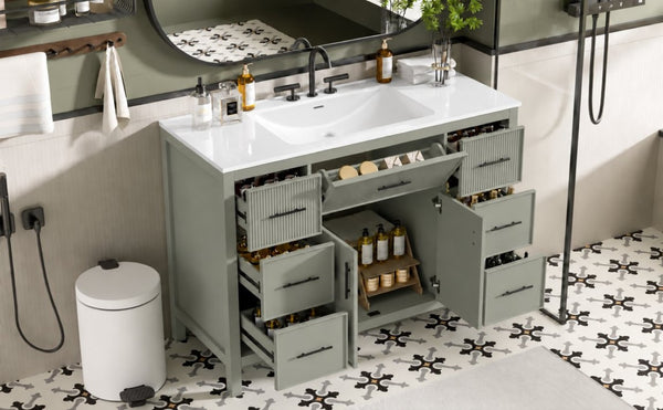 English Elm 47.83-Inch Sage Green Fluted Bathroom Vanity with SMC Sink and Soft-Close Storage N729P000052F