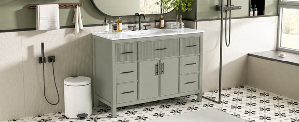 English Elm 47.83-Inch Sage Green Fluted Bathroom Vanity with SMC Sink and Soft-Close Storage N729P000052F