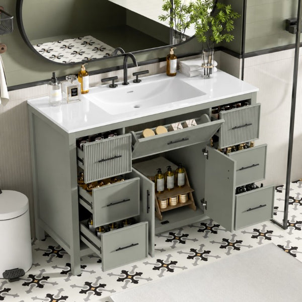 English Elm 47.83-Inch Sage Green Fluted Bathroom Vanity with SMC Sink and Soft-Close Storage N729P000052F