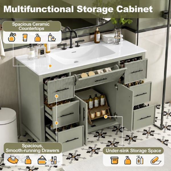 English Elm 47.83-Inch Sage Green Fluted Bathroom Vanity with SMC Sink and Soft-Close Storage N729P000052F
