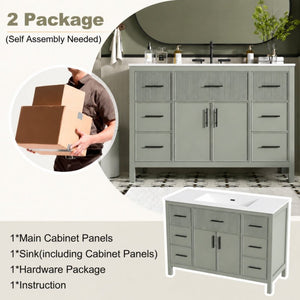 English Elm 47.83-Inch Sage Green Fluted Bathroom Vanity with SMC Sink and Soft-Close Storage N729P000052F