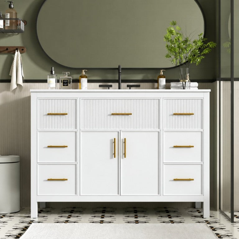 English Elm 47.83-Inch Fluted White Bathroom Vanity with Integrated Sink and Six Soft-Close Drawers N729P000052K