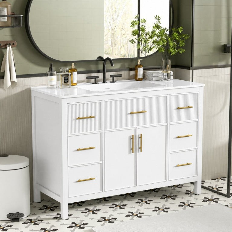English Elm 47.83-Inch Fluted White Bathroom Vanity with Integrated Sink and Six Soft-Close Drawers N729P000052K