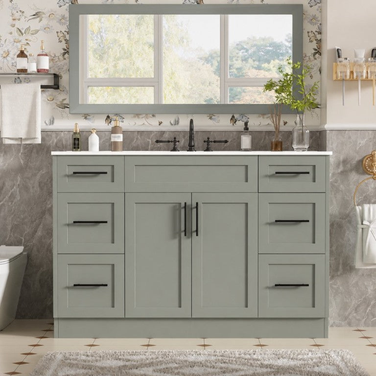 English Elm 47.83-Inch Freestanding Bathroom Vanity with SMC Sink Six Soft-Close Drawers Modern Sage Green N729P000053F