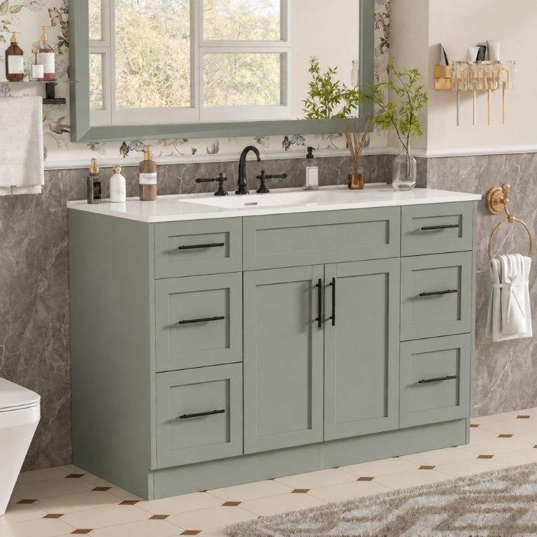 English Elm 47.83-Inch Freestanding Bathroom Vanity with SMC Sink Six Soft-Close Drawers Modern Sage Green N729P000053F