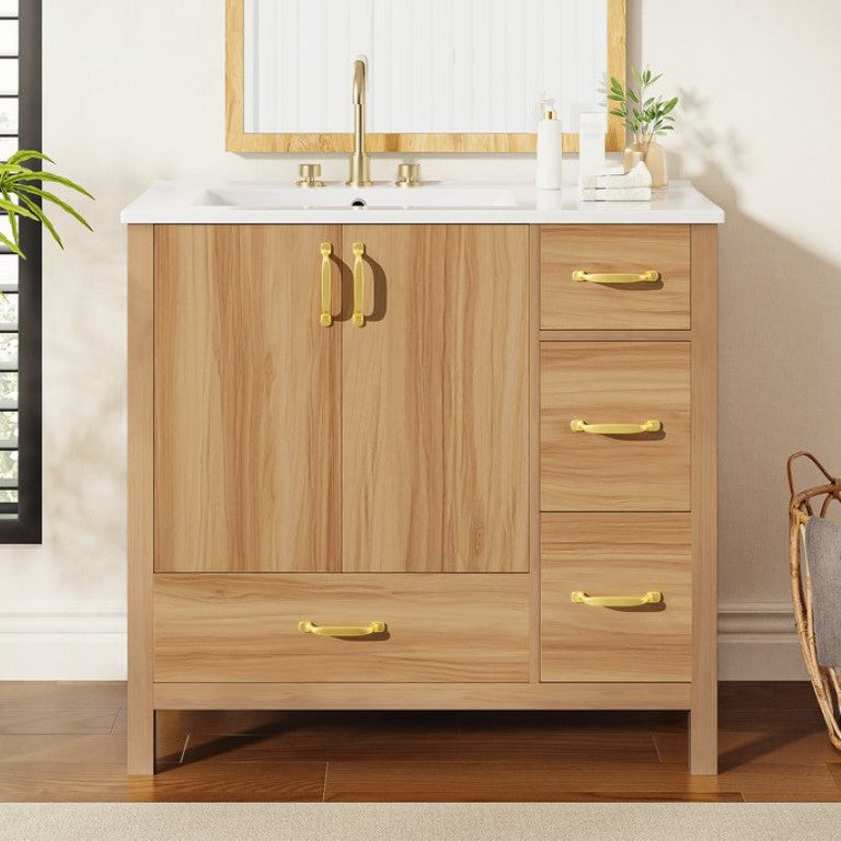 English Elm 36 Inch Acacia Wood Bathroom Vanity with Ceramic Sink and Soft Close Storage Drawers N729P000063N