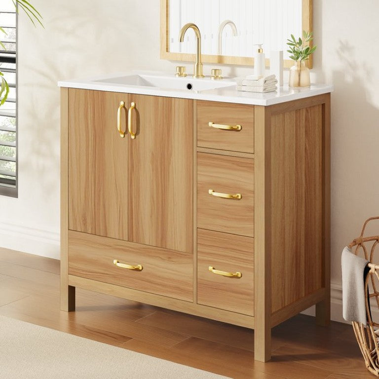 English Elm 36 Inch Acacia Wood Bathroom Vanity with Ceramic Sink and Soft Close Storage Drawers N729P000063N