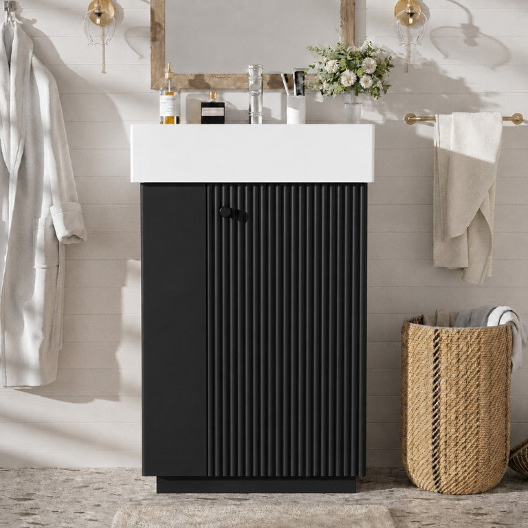 English Elm Vdieo]21.6 in Freestanding Bathroom Vanity MDF Cabinet Ceramic Sink Soft Close Storage Black N729P285503B