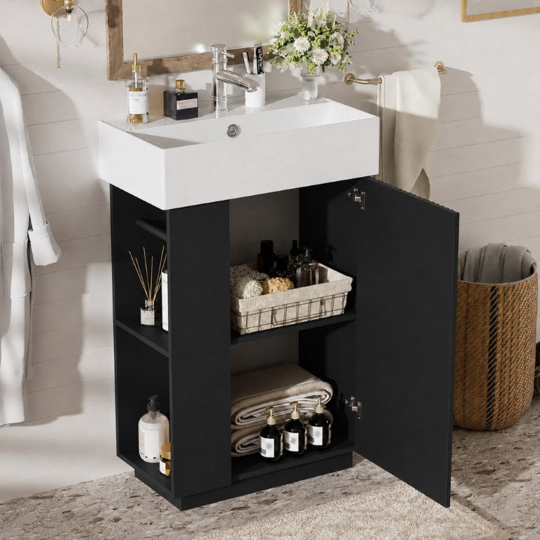 English Elm Vdieo]21.6 in Freestanding Bathroom Vanity MDF Cabinet Ceramic Sink Soft Close Storage Black N729P285503B