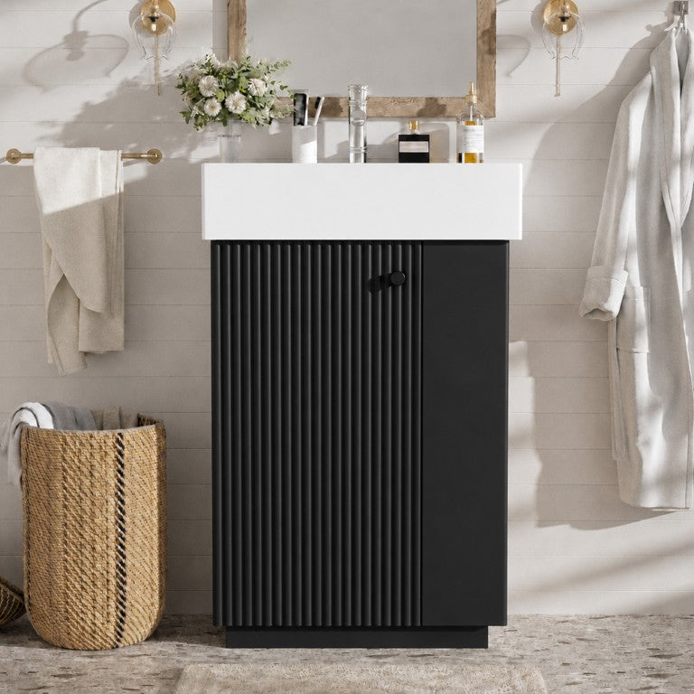 English Elm Vdieo]21.6 Freestanding Bathroom Vanity Matte Black MDF Cabinet Ceramic Sink Open Storage N729P285504B