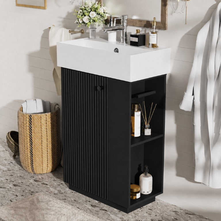 English Elm Vdieo]21.6 Freestanding Bathroom Vanity Matte Black MDF Cabinet Ceramic Sink Open Storage N729P285504B