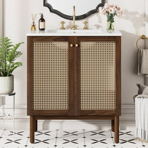 English Elm [video]30-inch Bathroom Vanity Bamboo Woven Doors Walnut Mdf Soft Close Gold Hardware N729P285517W