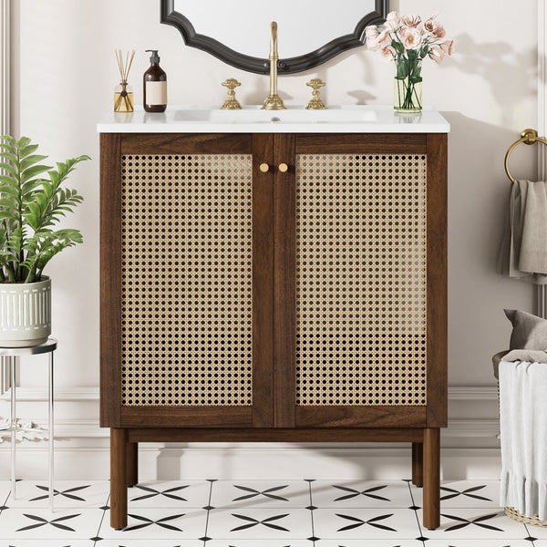 English Elm [video]30-inch Bathroom Vanity Bamboo Woven Doors Walnut Mdf Soft Close Gold Hardware N729P285517W