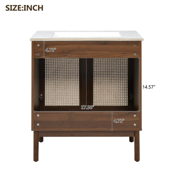 English Elm [video]30-inch Bathroom Vanity Bamboo Woven Doors Walnut Mdf Soft Close Gold Hardware N729P285517W