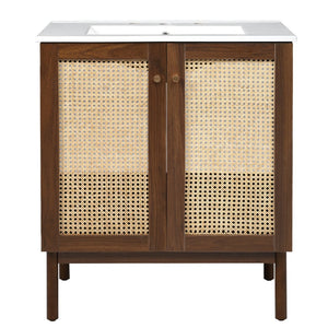 English Elm [video]30-inch Bathroom Vanity Bamboo Woven Doors Walnut Mdf Soft Close Gold Hardware N729P285517W