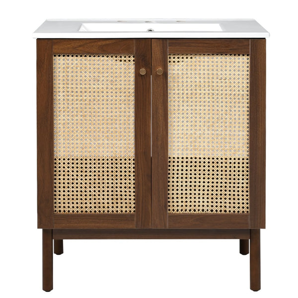 English Elm [video]30-inch Bathroom Vanity Bamboo Woven Doors Walnut Mdf Soft Close Gold Hardware N729P285517W
